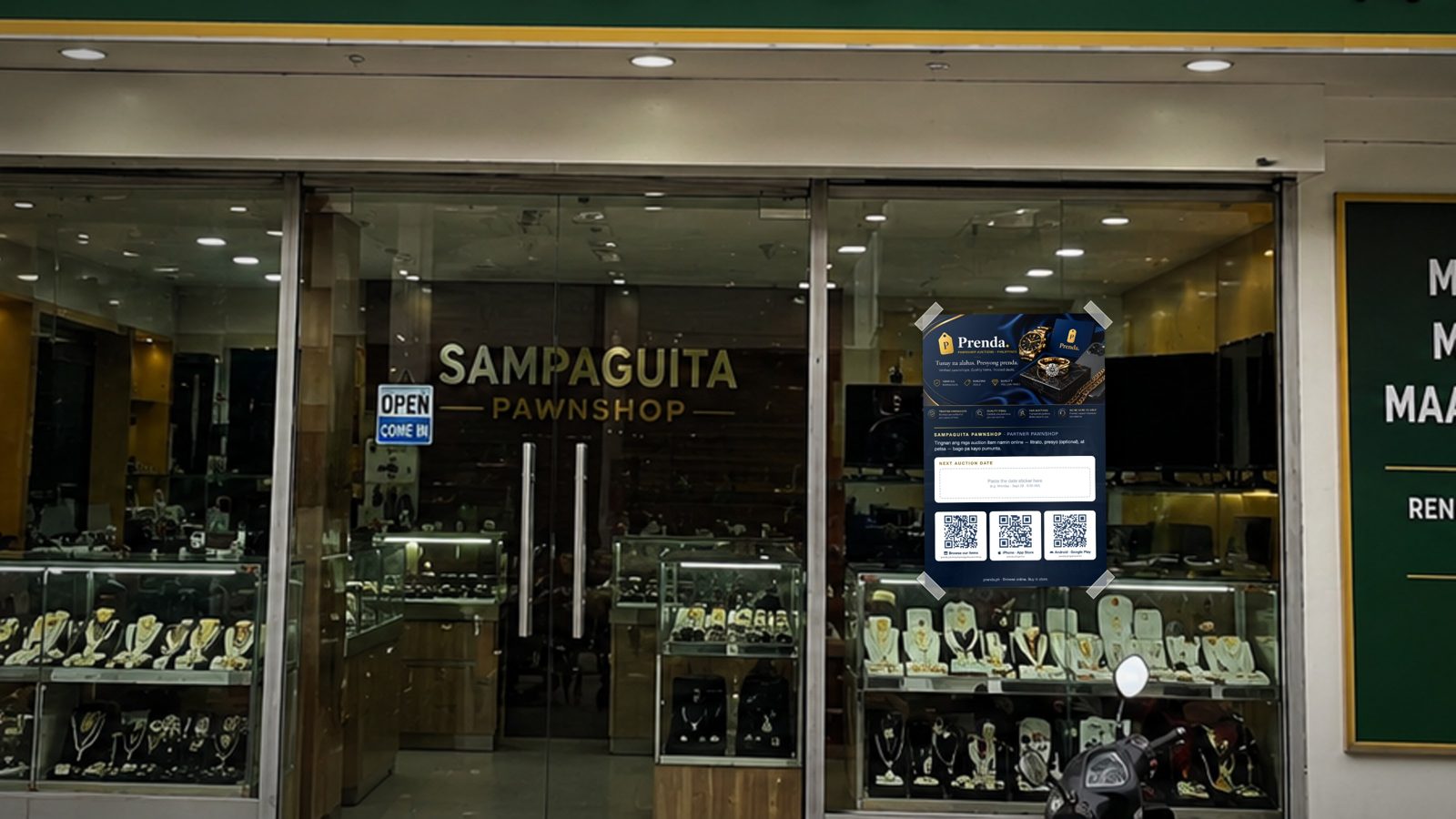 Tarpaulin na nakalagay sa storefront ng pawnshop