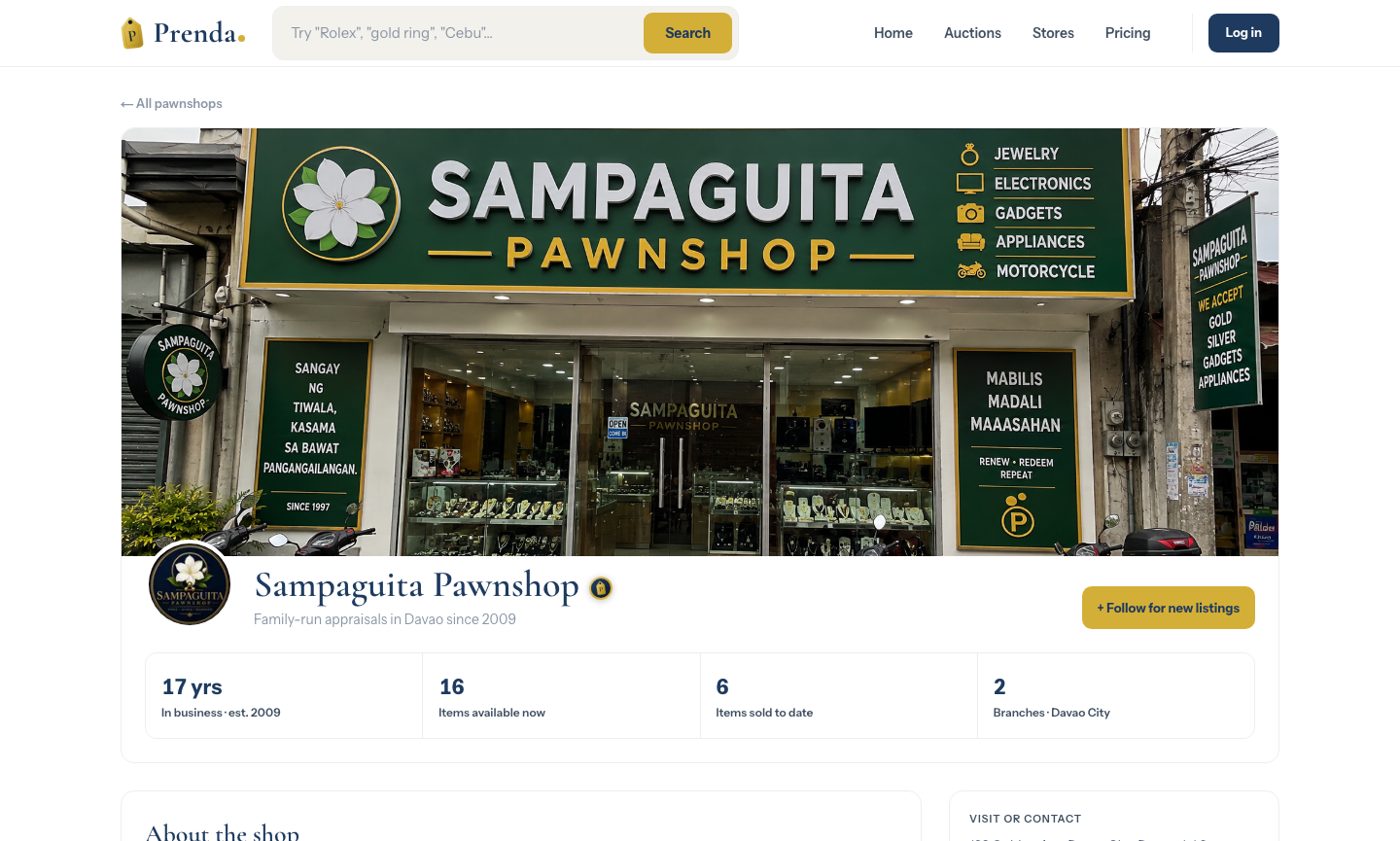 Sample storefront page ng Sampaguita Pawnshop
